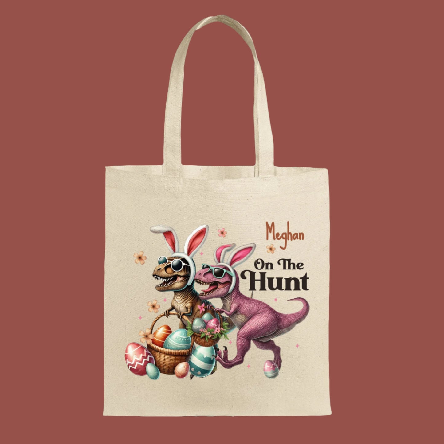 Easter Tote, Egg hunting, Personalized Tote, Dinosaurs "On the Hunt" for Easter Eggs