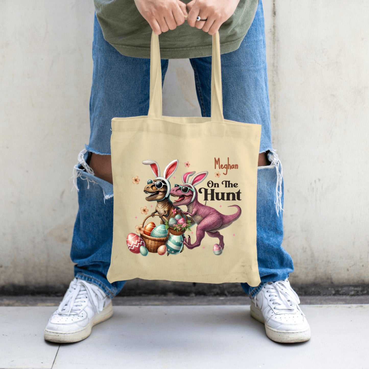 Easter Tote, Egg hunting, Personalized Tote, Dinosaurs "On the Hunt" for Easter Eggs