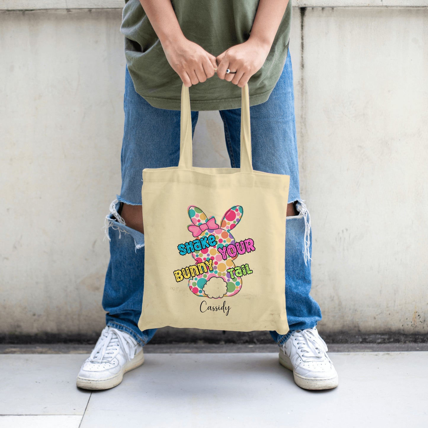 Personalized Easter Tote, kids Easter hunting basket with Easter bunny and Easter Colors, Special Easter Gift