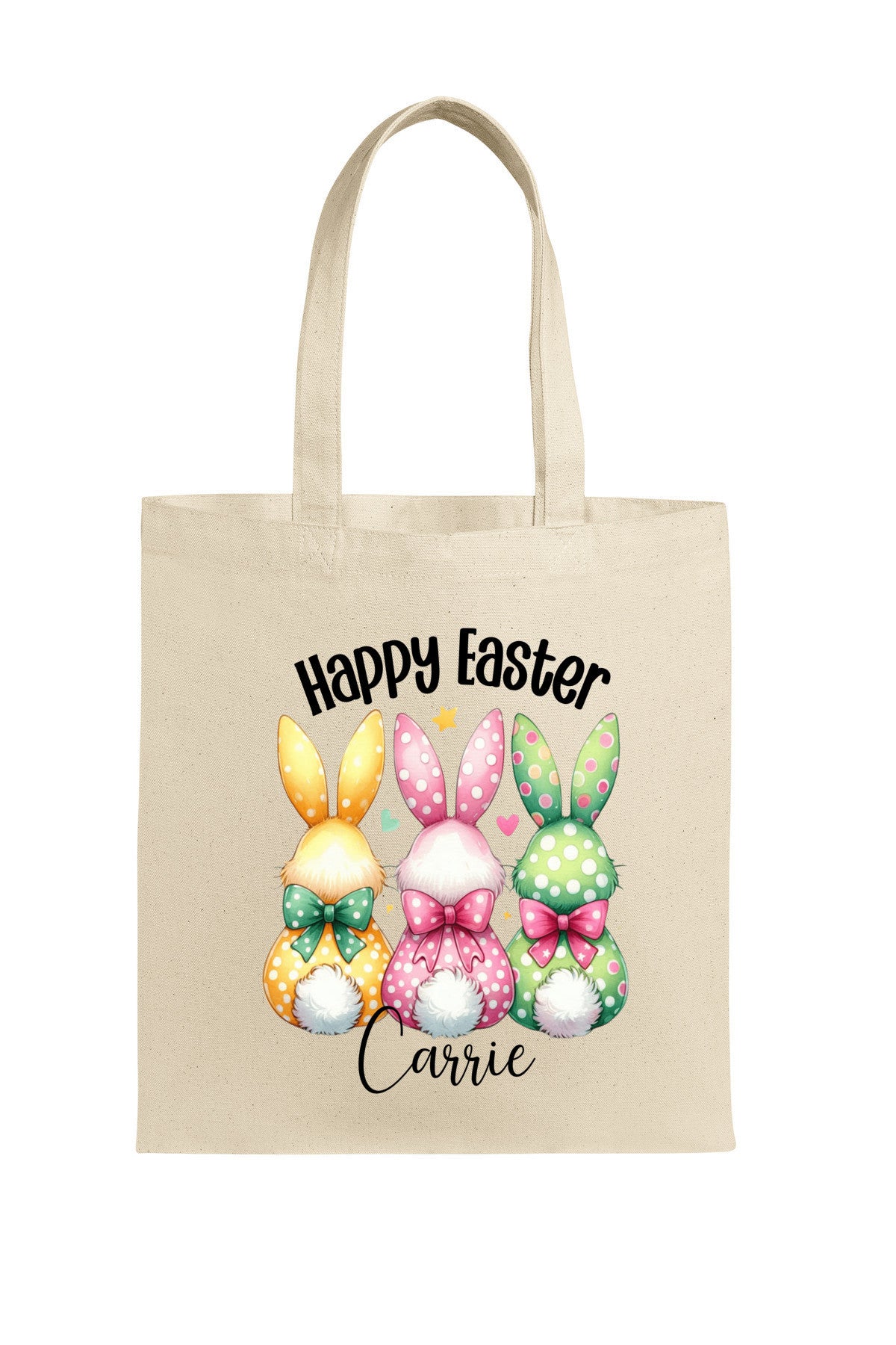 Personalized Easter Bunny Tote Bag – Cute Pastel Bunny Trio with Bows & Happy Easter Text – Custom Canvas Bag for Easter Gifts & Spring Shopping