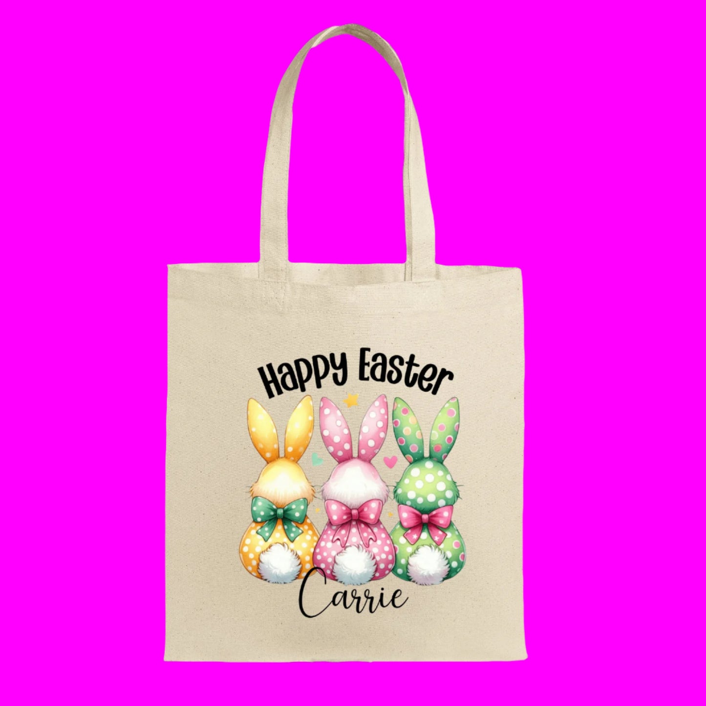 Personalized Easter Bunny Tote Bag – Cute Pastel Bunny Trio with Bows & Happy Easter Text – Custom Canvas Bag for Easter Gifts & Spring Shopping