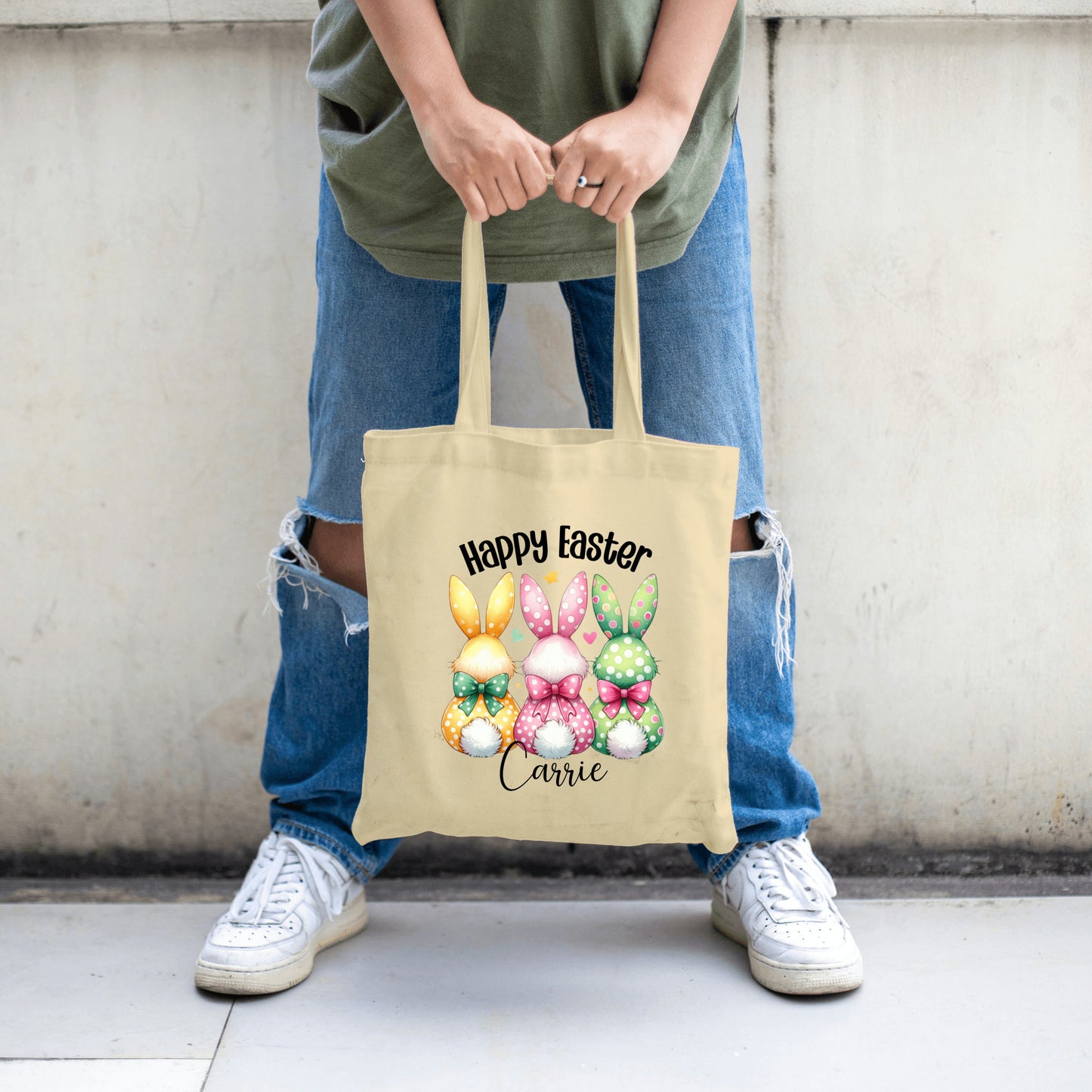 Personalized Easter Bunny Tote Bag – Cute Pastel Bunny Trio with Bows & Happy Easter Text – Custom Canvas Bag for Easter Gifts & Spring Shopping