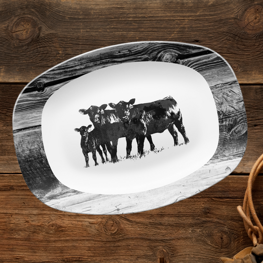 Black Angus Cow Platter, Farmhouse Serving Tray, Unbreakable,, Rustic Ranch Beef Deco, Ranch or Farm BBQ or entertaining