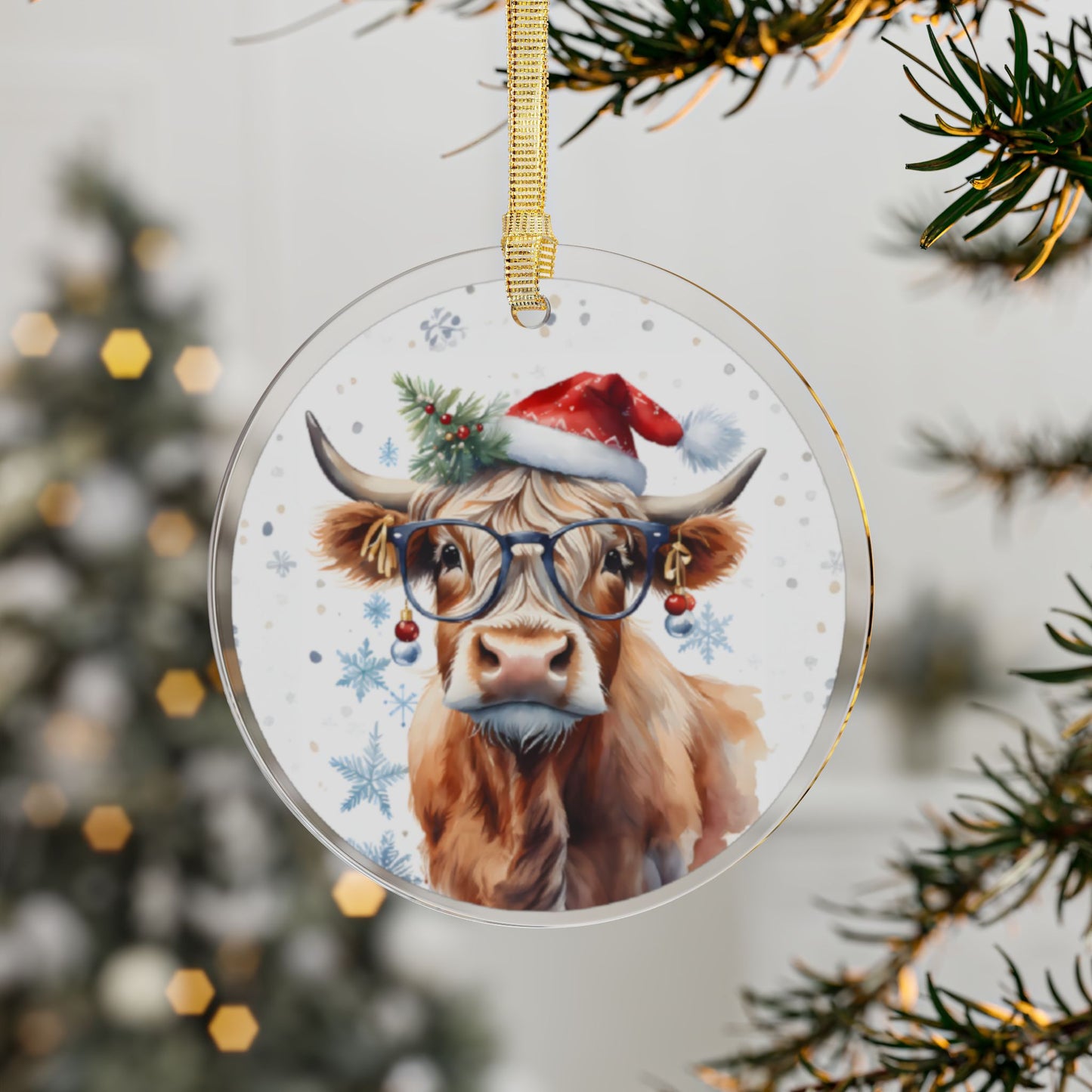 Christmas Cow With Glasses and a Red Santa Hat, Acrylic Ornament