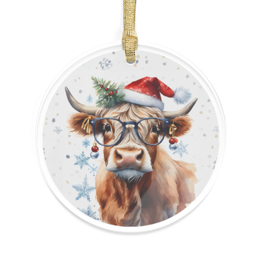 Christmas Cow With Glasses and a Red Santa Hat, Acrylic Ornament