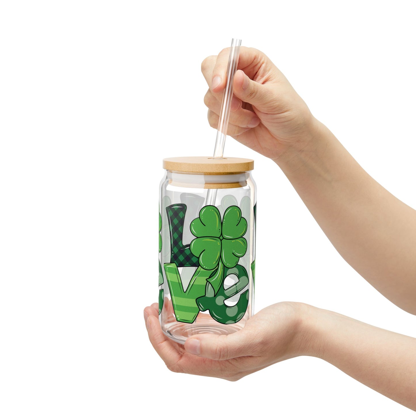 16oz St. Patrick's Day Sipper Glass with Clover Design "LOVE"