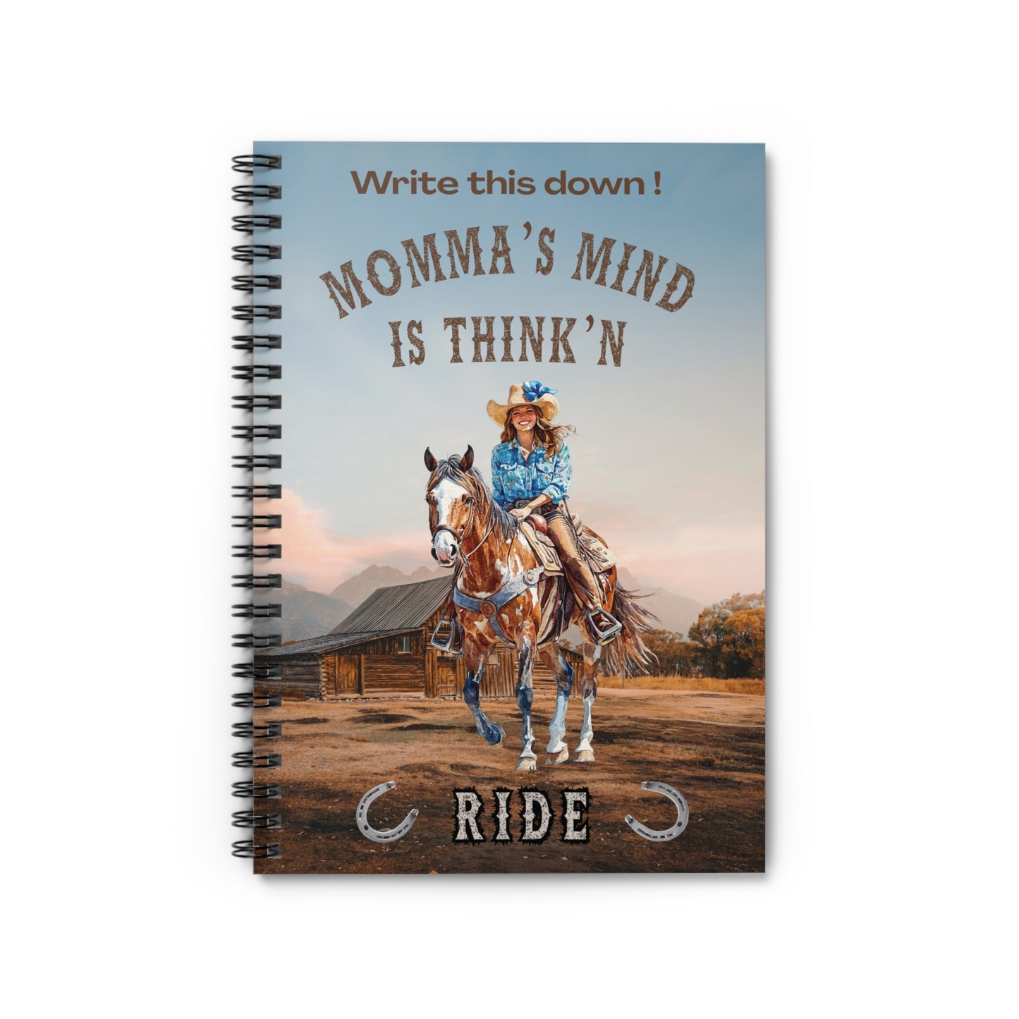 Personalized Western Cowgirl Notebook, Momma's Mind is Thinkn RIDE, spiral lined journal, Rustic horseback design