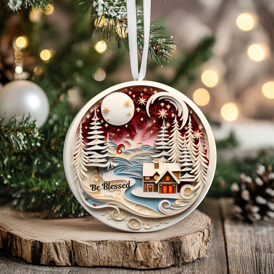 3D Christmas Ornament, Beautiful Cabin Scene, Be Blessed, Ivory trees, For someone to "Be Blessed", Family Keepsake