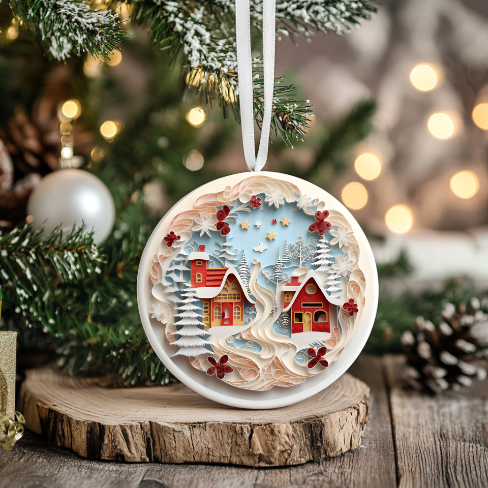 3D Christmas Ornament, 2 Beautiful Cottages by the ivory colored water and trees. Home to those who dream,  Family Keepsake