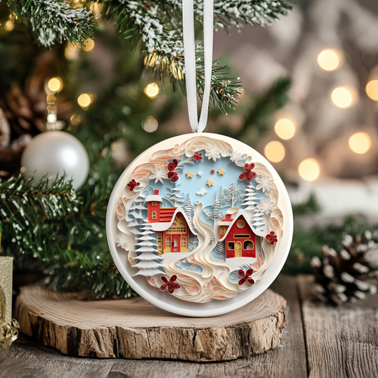 3D Christmas Ornament, 2 Beautiful Cottages by the ivory colored water and trees. Home to those who dream,  Family Keepsake