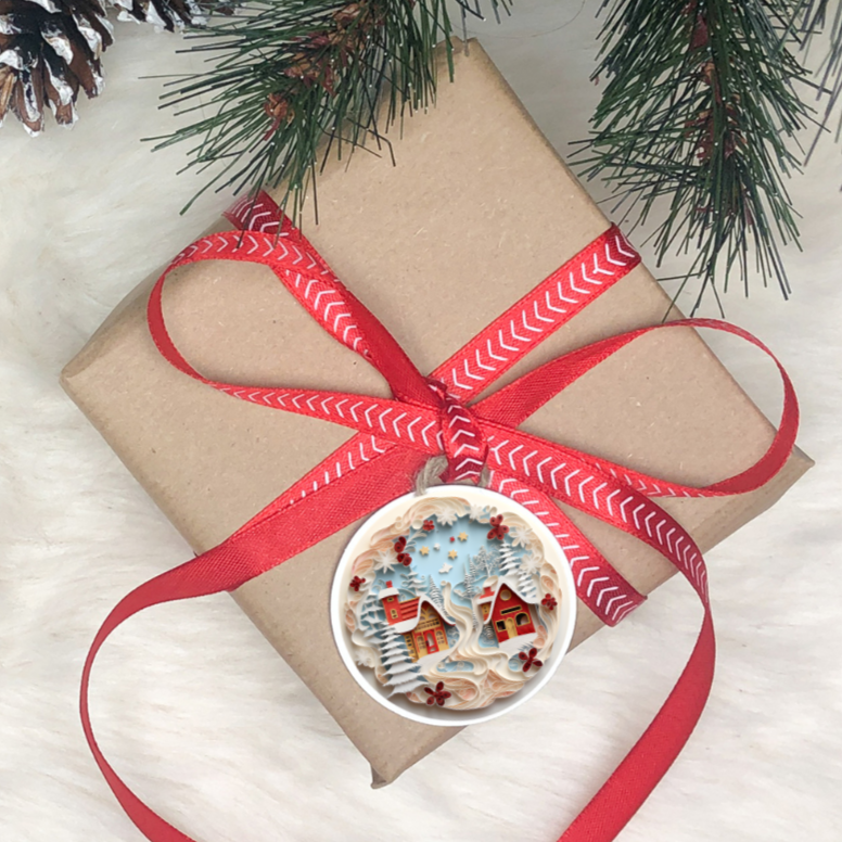 3D Christmas Ornament, 2 Beautiful Cottages by the ivory colored water and trees. Home to those who dream,  Family Keepsake