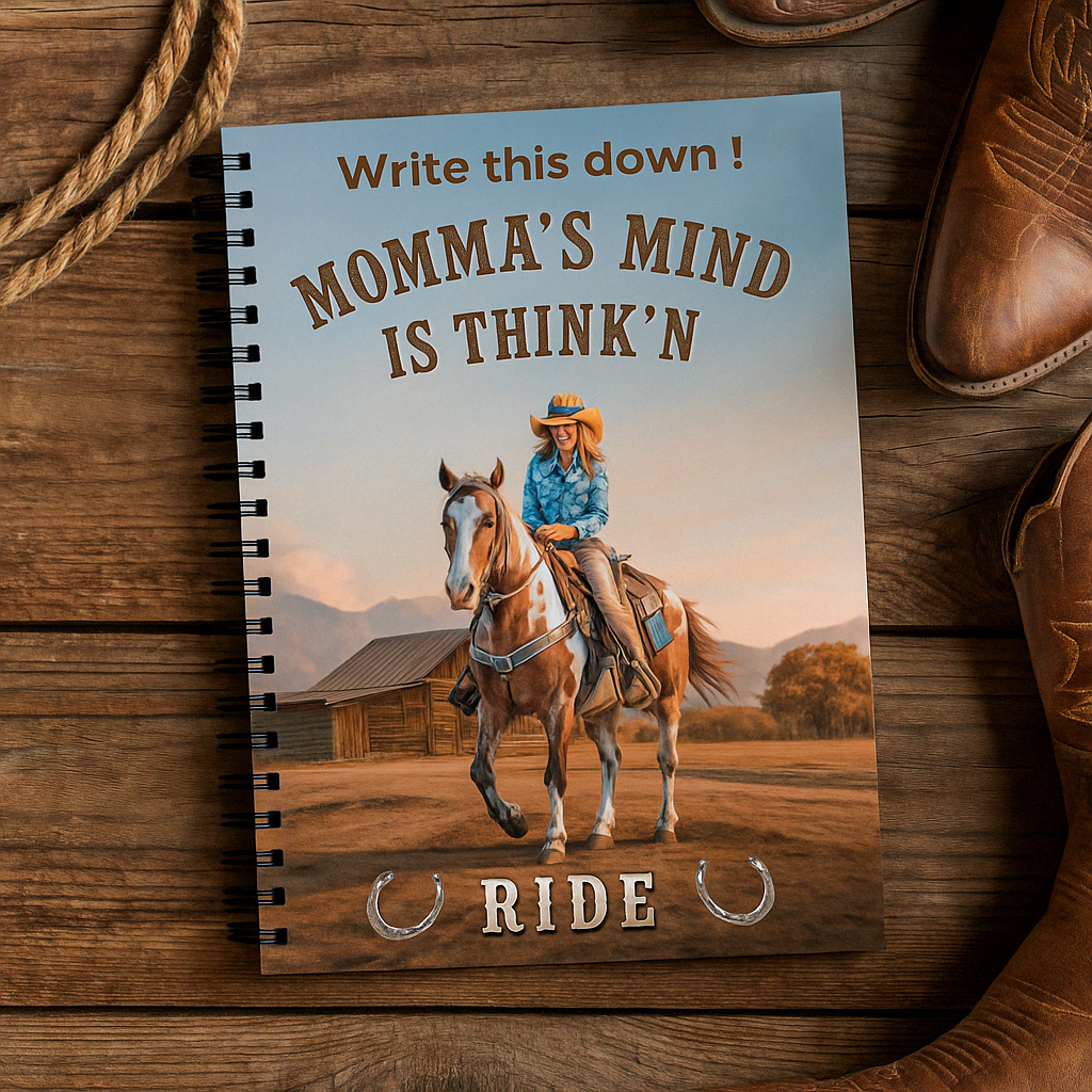 Personalized Western Cowgirl Notebook, Momma's Mind is Thinkn RIDE, spiral lined journal, Rustic horseback design