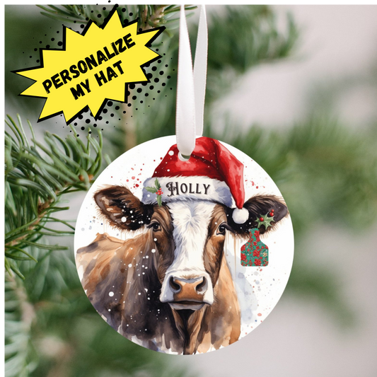 Personalized Christmas Cow Ornament with her matching, Holly Ear Tag and Santa Hat, Gift for cow lovers, Country Christmas