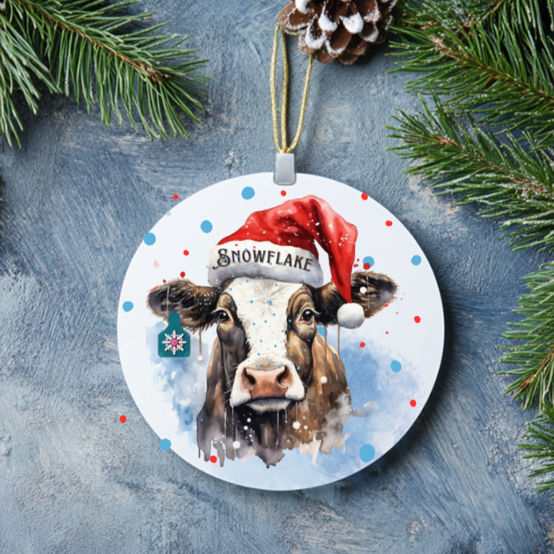 Personalized Christmas Cow Ornament with her matching, Snowflake Ear Tag and Santa Hat, Gift for cow lovers, Country Christmas