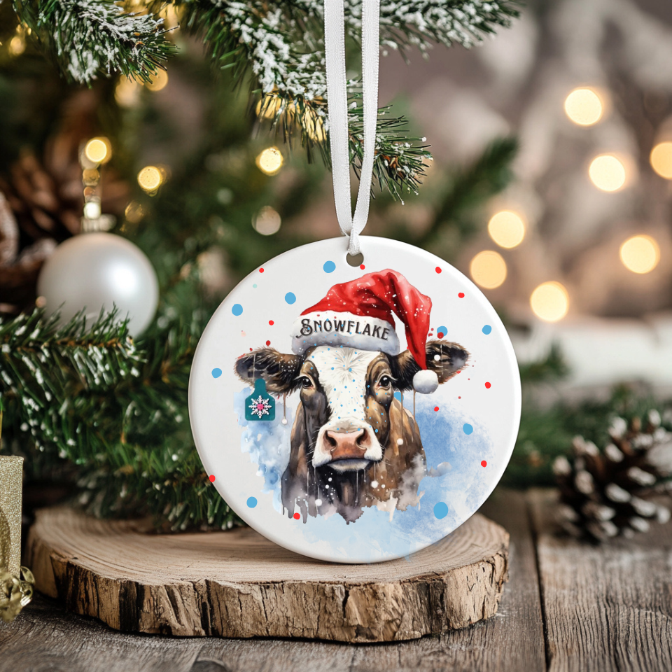 Personalized Christmas Cow Ornament with her matching, Snowflake Ear Tag and Santa Hat, Gift for cow lovers, Country Christmas