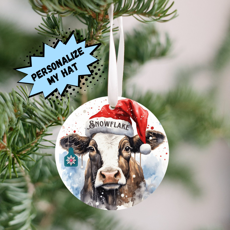 Personalized Christmas Cow Ornament with her matching, Snowflake Ear Tag and Santa Hat, Gift for cow lovers, Country Christmas