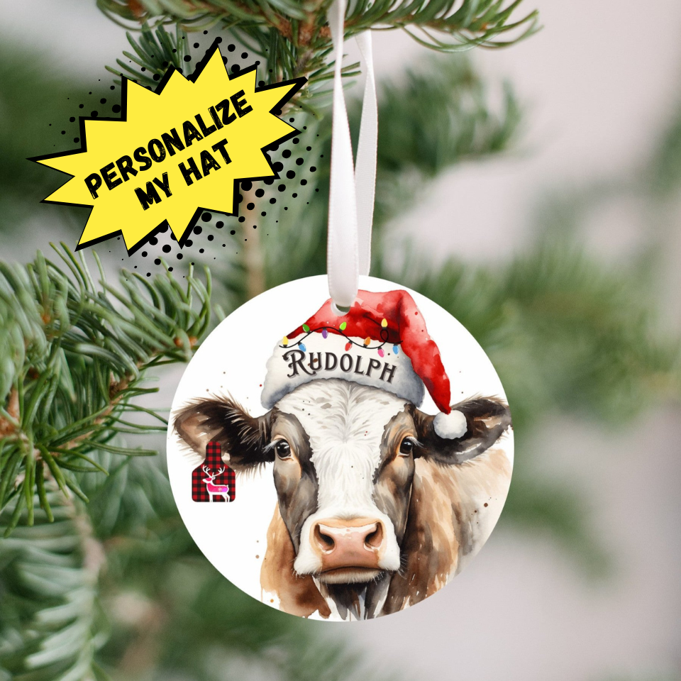 Personalized Christmas Cow Christmas Ornament cute Christmas Ear Tag Personalize Santa Hat, Gift for cow lovers, Country Christmas, Grandkids, Holiday keepsake, Country