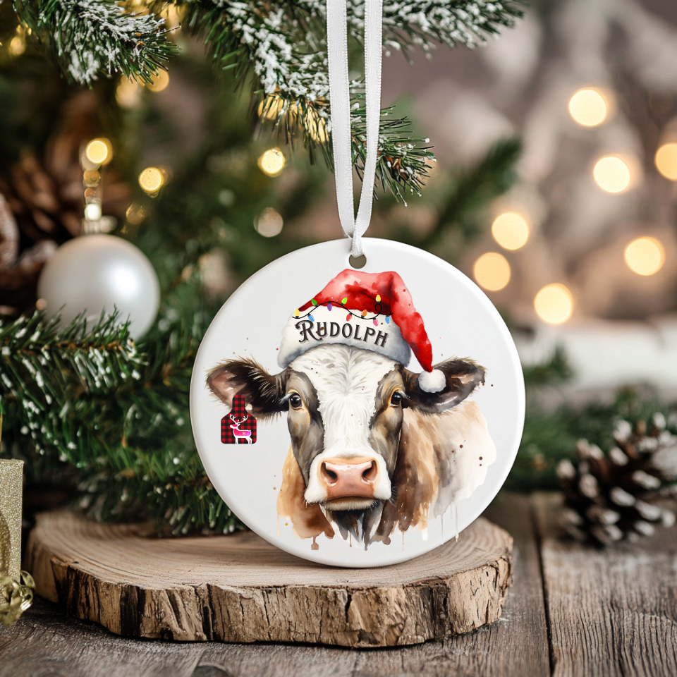 Personalized Christmas Cow Christmas Ornament cute Christmas Ear Tag Personalize Santa Hat, Gift for cow lovers, Country Christmas, Grandkids, Holiday keepsake, Country