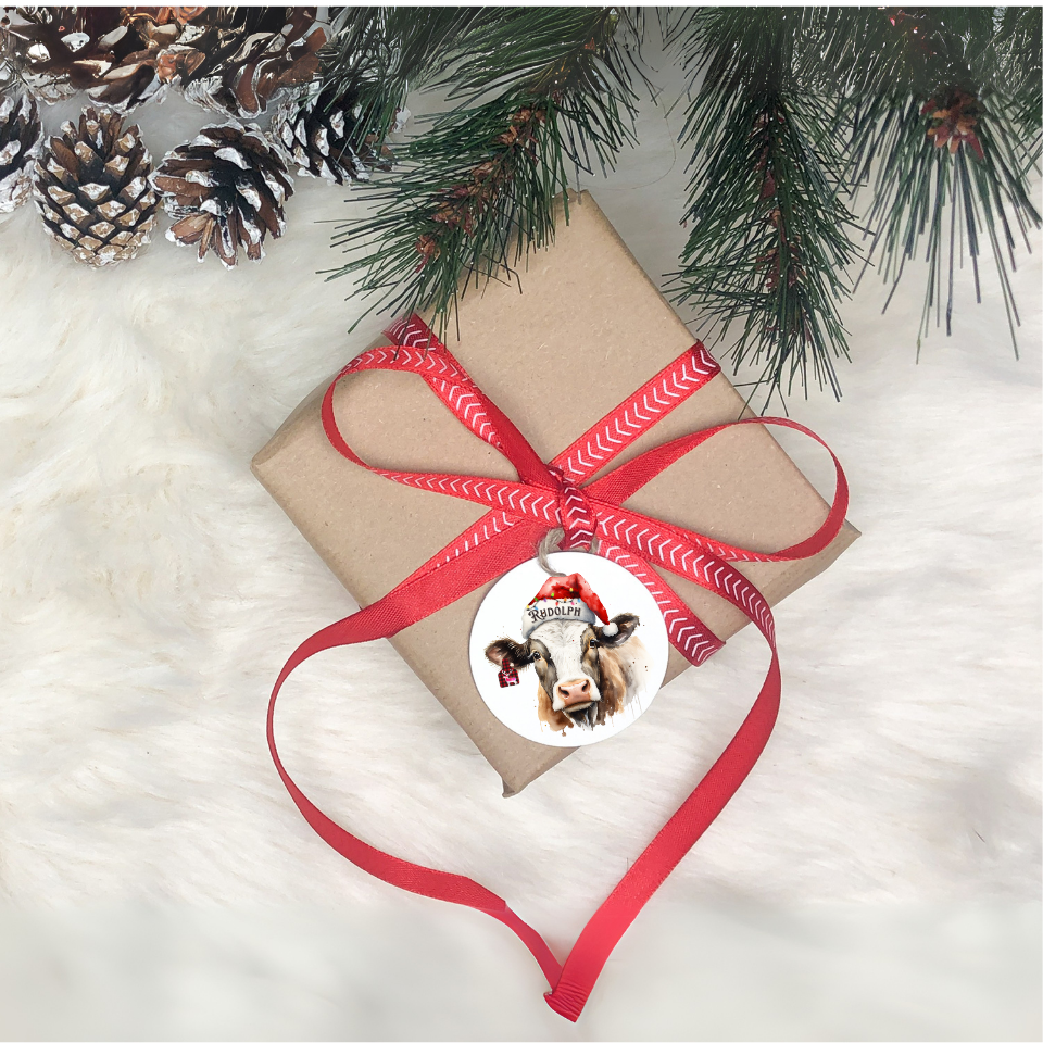 Personalized Christmas Cow Christmas Ornament cute Christmas Ear Tag Personalize Santa Hat, Gift for cow lovers, Country Christmas, Grandkids, Holiday keepsake, Country