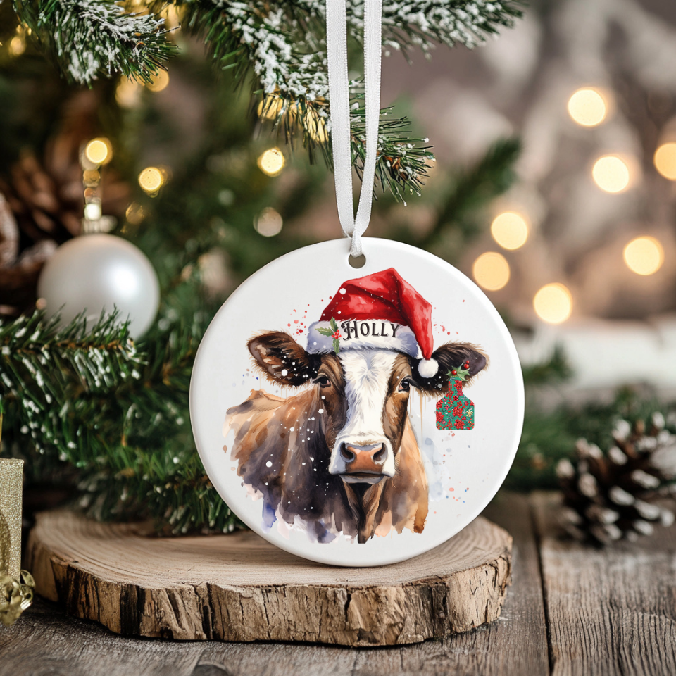 Personalized Christmas Cow Ornament with her matching, Holly Ear Tag and Santa Hat, Gift for cow lovers, Country Christmas