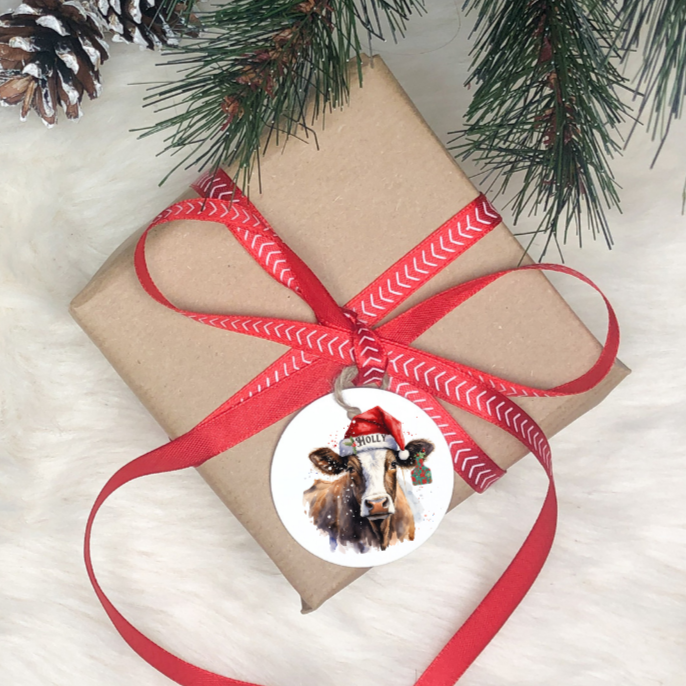 Personalized Christmas Cow Ornament with her matching, Holly Ear Tag and Santa Hat, Gift for cow lovers, Country Christmas