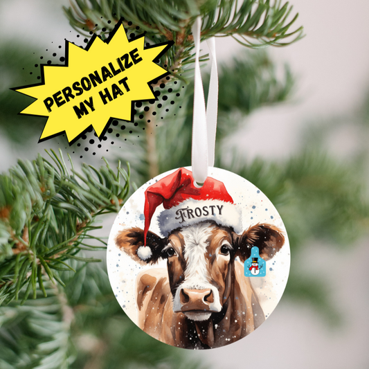 Personalized Christmas Cow Ornament with her matching, Frosty Ear Tag and Santa Hat, Gift for cow lovers, Country Christmas