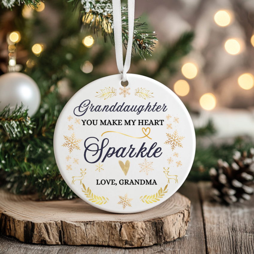 Granddaughter Christmas Ornament, From Grandma, You make my heart sparkle, Elegant script with delicate snowflakes and sparkles.  Brings warmth and joy. Family Keepsake