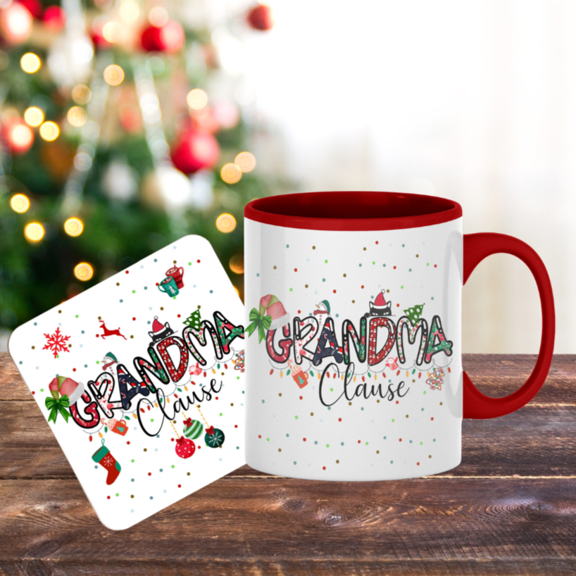 Grandma Clause Christmas Mug & Coaster, Special Gift for Grandma