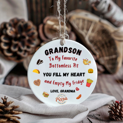 Grandson Ornament, With a bottomless pit, Empties Grandma's fridge, Foodie, Humorous Grandson Gift, Christmas Ornament