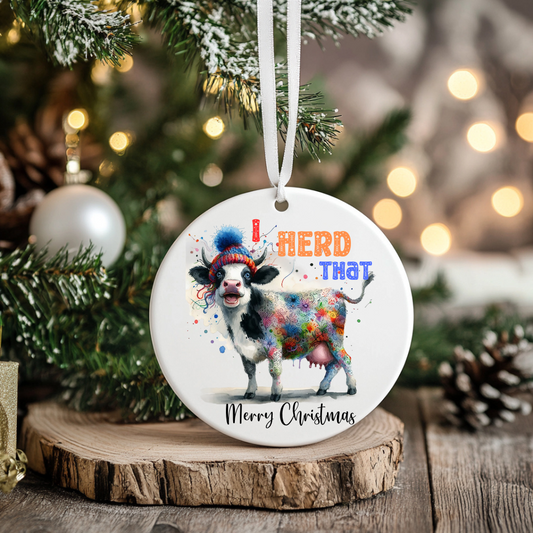 Fun Christmas Cow Ornament, Colorful Winter Cow with a Cute Winter hat, "I Herd That", Touch of Humor and Charm, Cow Lovers ornament for part of your holiday HERD