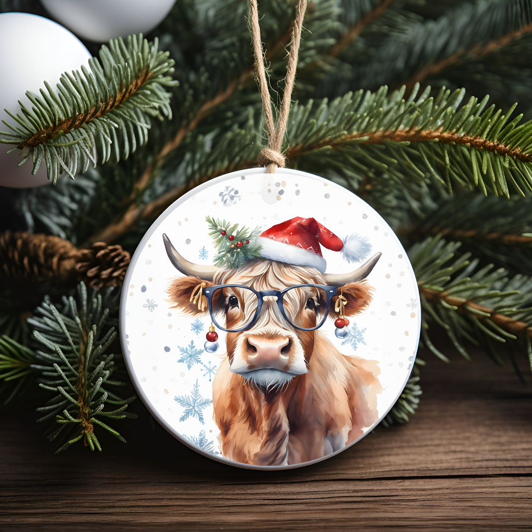 Miss Christmas Cow Ornament With Glasses and a Red Santa Hat, Darling Christmas Tree bulbs for earrings, fun conversation piece