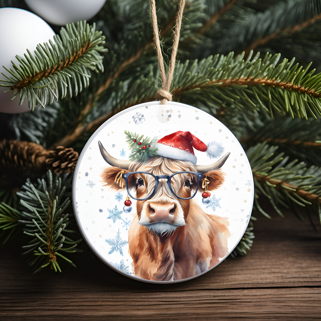 Christmas Cow With Glasses and a Red Santa Hat, Acrylic Ornament