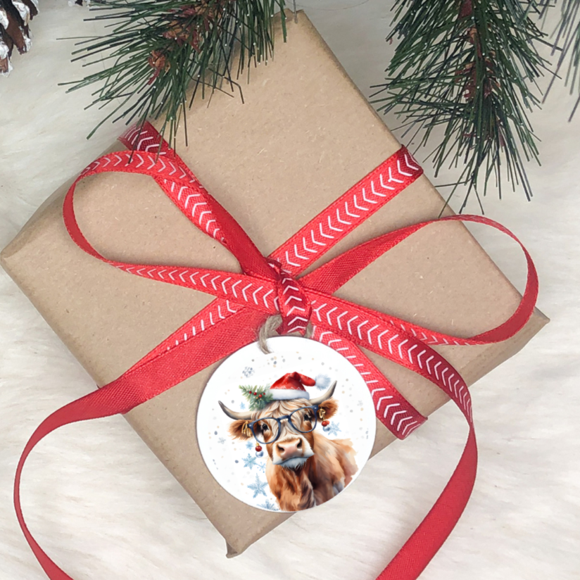 Miss Christmas Cow Ornament With Glasses and a Red Santa Hat, Darling Christmas Tree bulbs for earrings, fun conversation piece