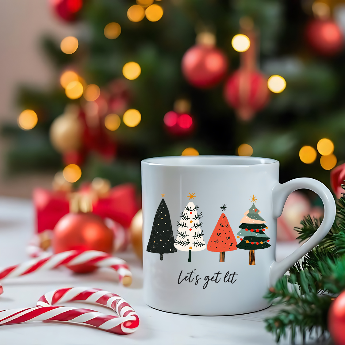 "Let's Get Lit" Christmas Mug – Festive and Fun Christmas Mug, Simple Christmas tree design, no frills, "Let's get Lit" perfect gift for family friends co-workers neighbors, add to your christmas decor