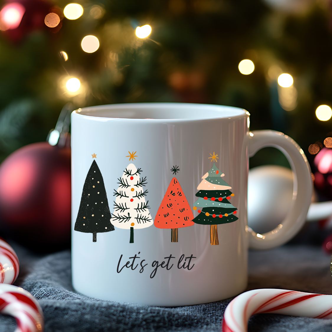 "Let's Get Lit" Christmas Mug – Festive and Fun Christmas Mug, Simple Christmas tree design, no frills, "Let's get Lit" perfect gift for family friends co-workers neighbors, add to your christmas decor