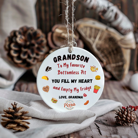 Grandson Ornament, With a bottomless pit, Empties Grandma's fridge, Foodie, Humorous Grandson Gift, Christmas Ornament