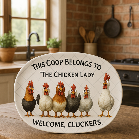 Chicken Lady Coop Platter Funny Chicken Wire Farmhouse Decor, Welcome Clucker,s Unbreakable Kitchen Platter, Chicken Lovers gift, Farm gift, Made USA