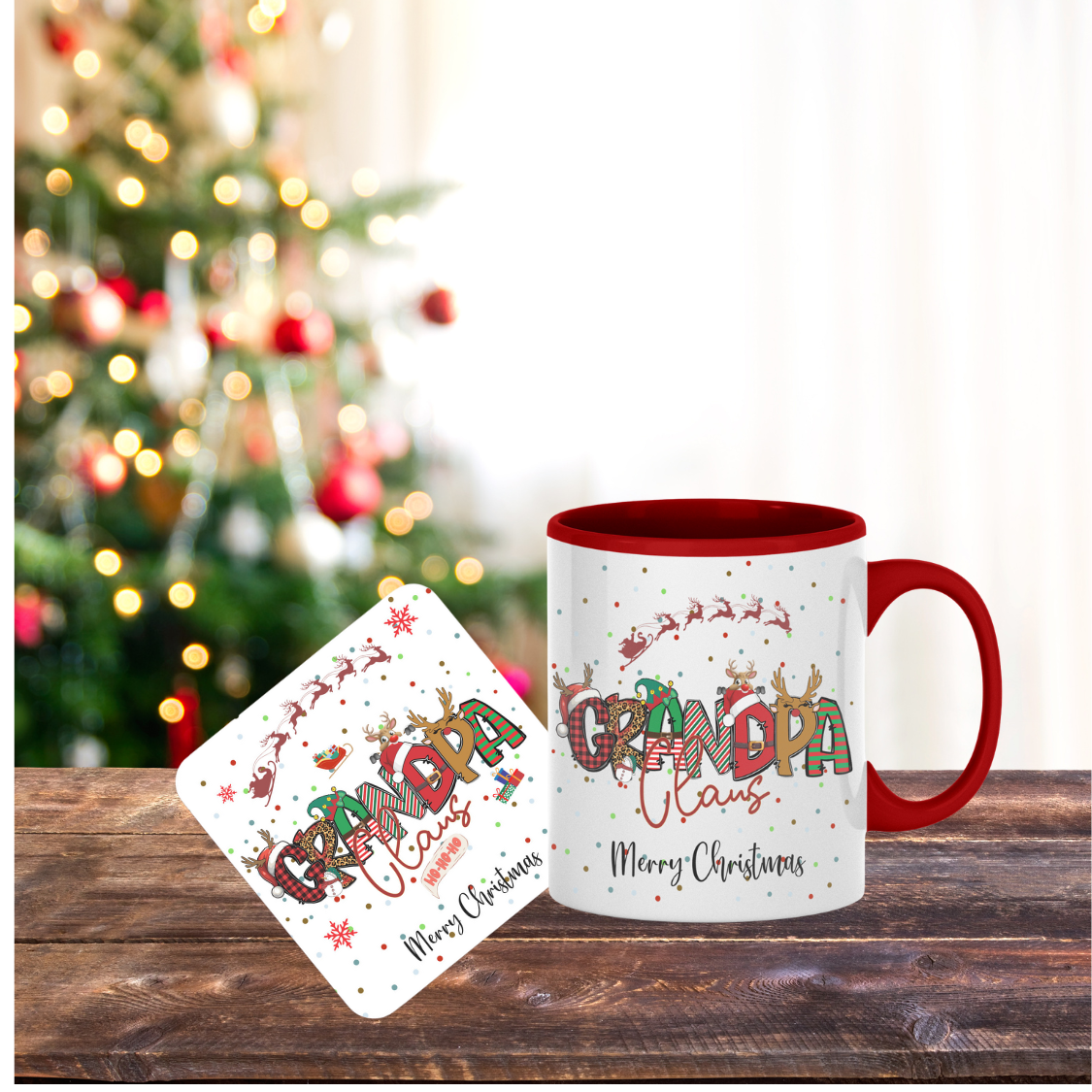 Grandpa Clause Coaster, Christmas Coaster, Special Gift for Grandpa, Gramps, Coffee coaster with patterned Lettering, pairs with Grandpa Clause Mug