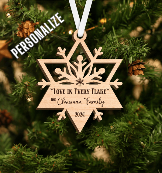 Personalized Wood Ornament, Family Name on Wood Snowflake, Laser cut , Beautiful crafted snowflake, Family name and year, Timeless Holiday Keepsake, "Love in every flake"