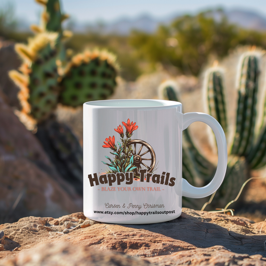 Happy Trails Mug, Blaze Your own Trail, Featuring our Shop Logo, Enjoy the Ride