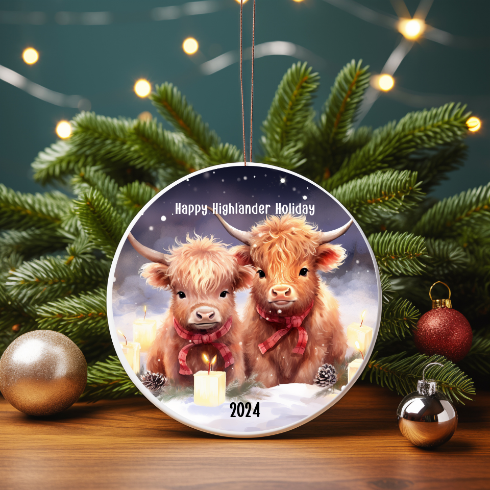 Happy Highlander Holidays Christmas Ornament, Baby Highland Cow Lovers, Highland Cow Decor, Rustic Farm Ornament