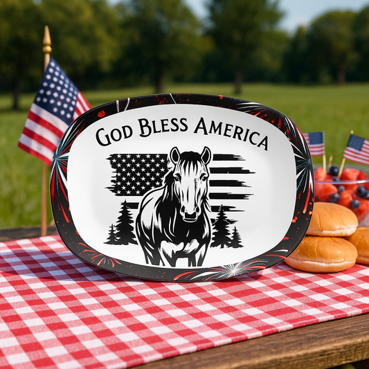 God Bless America Horse Platter, Unbreakable Patriotic Serving Tray Dinnerware, 4th of July Celebration, Ranch Cookouts,  Farmhouse Platter
