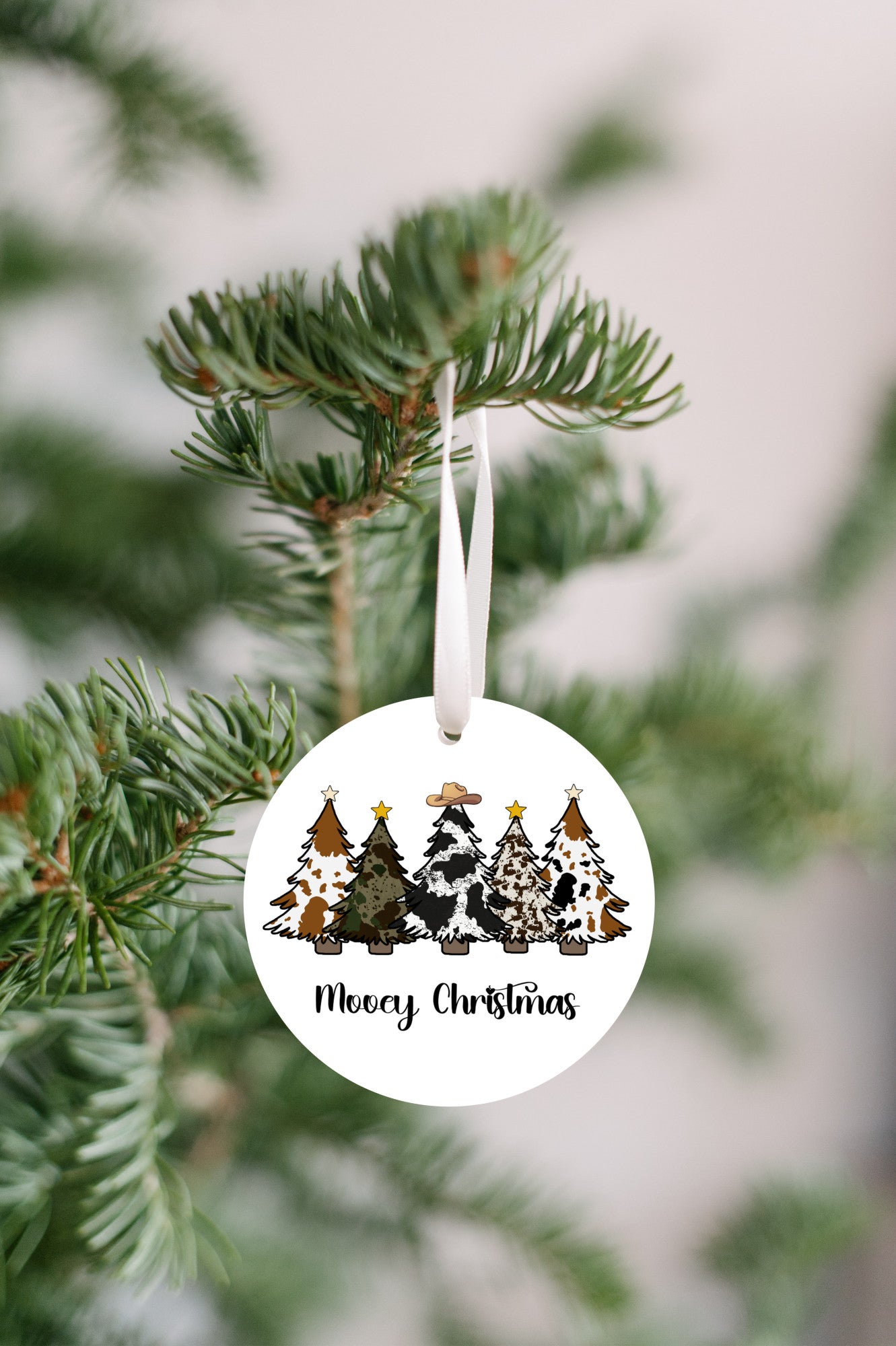 Mooey Christmas Ornament, Cowhide Christmas Tree Ornament, Cowboy or Cowgirl at Heart