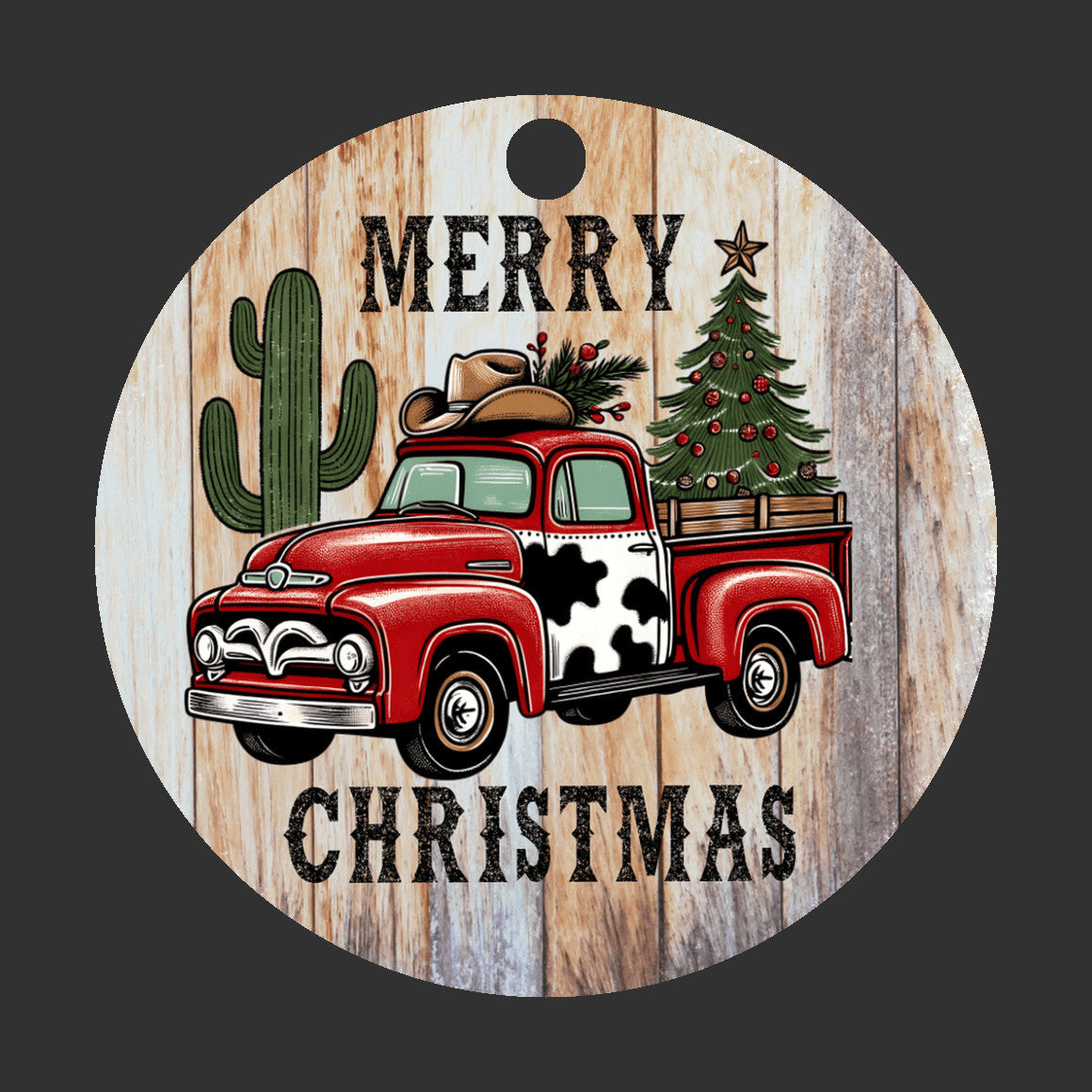 Christmas Ornament, Red Truck Merry Christmas gift, Cactus, Cowboy Hat, touch of cowhide,