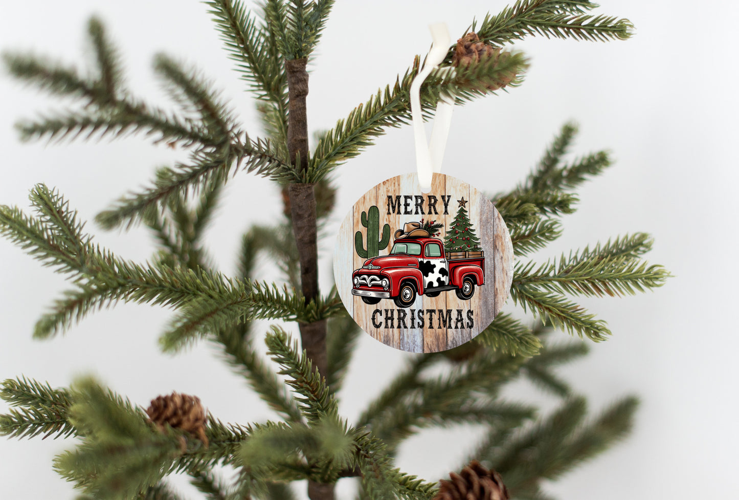 Christmas Ornament, Red Truck Merry Christmas gift, Cactus, Cowboy Hat, touch of cowhide,