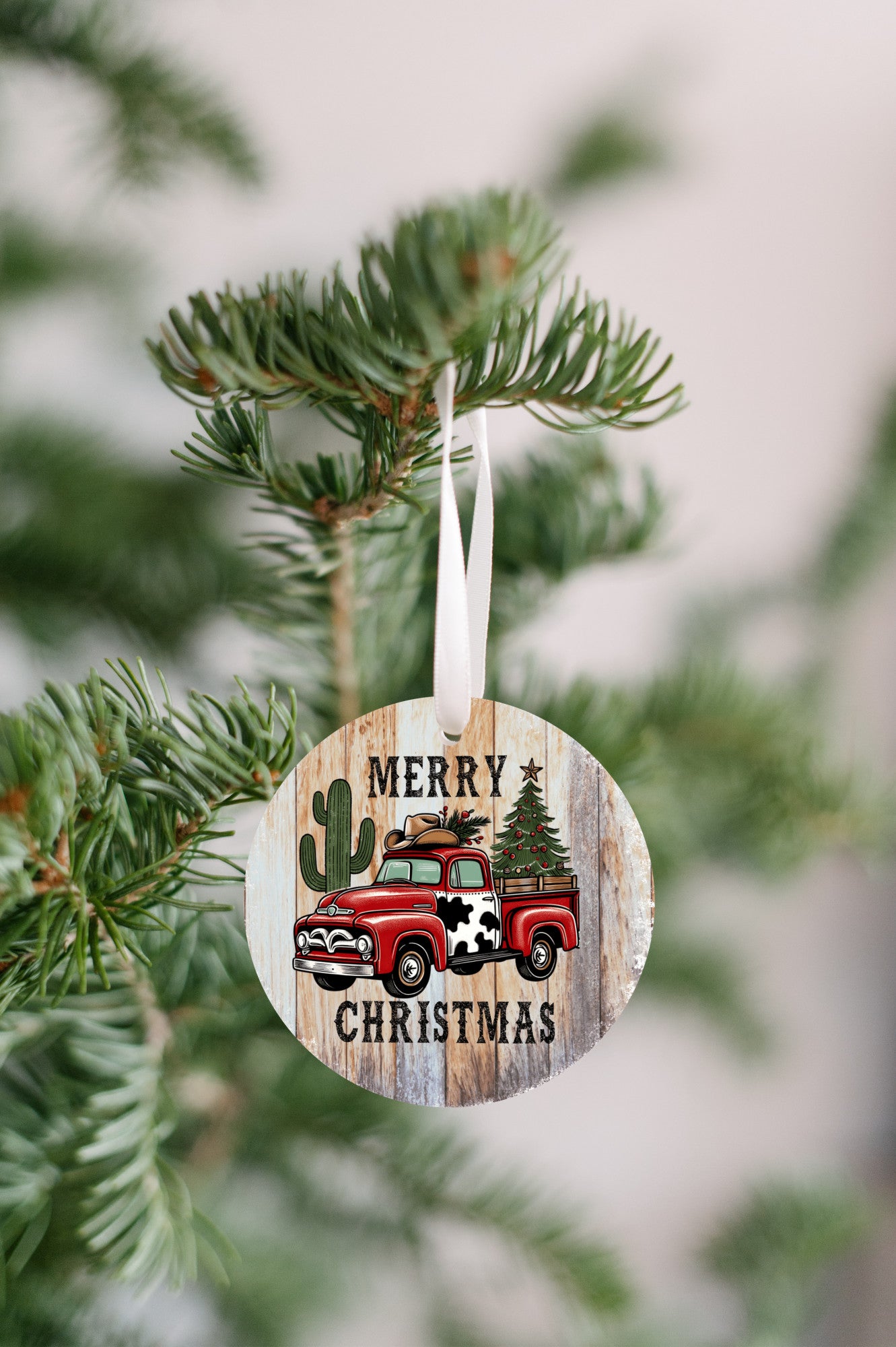 Christmas Ornament, Red Truck Merry Christmas gift, Cactus, Cowboy Hat, touch of cowhide,