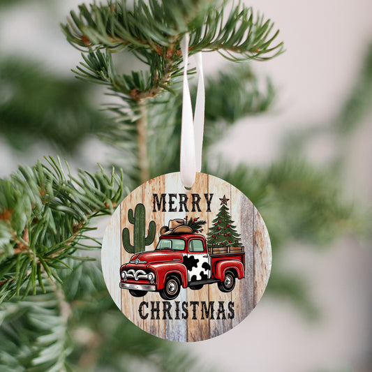 Christmas Ornament, Red Truck Merry Christmas gift, Cactus, Cowboy Hat, touch of cowhide,