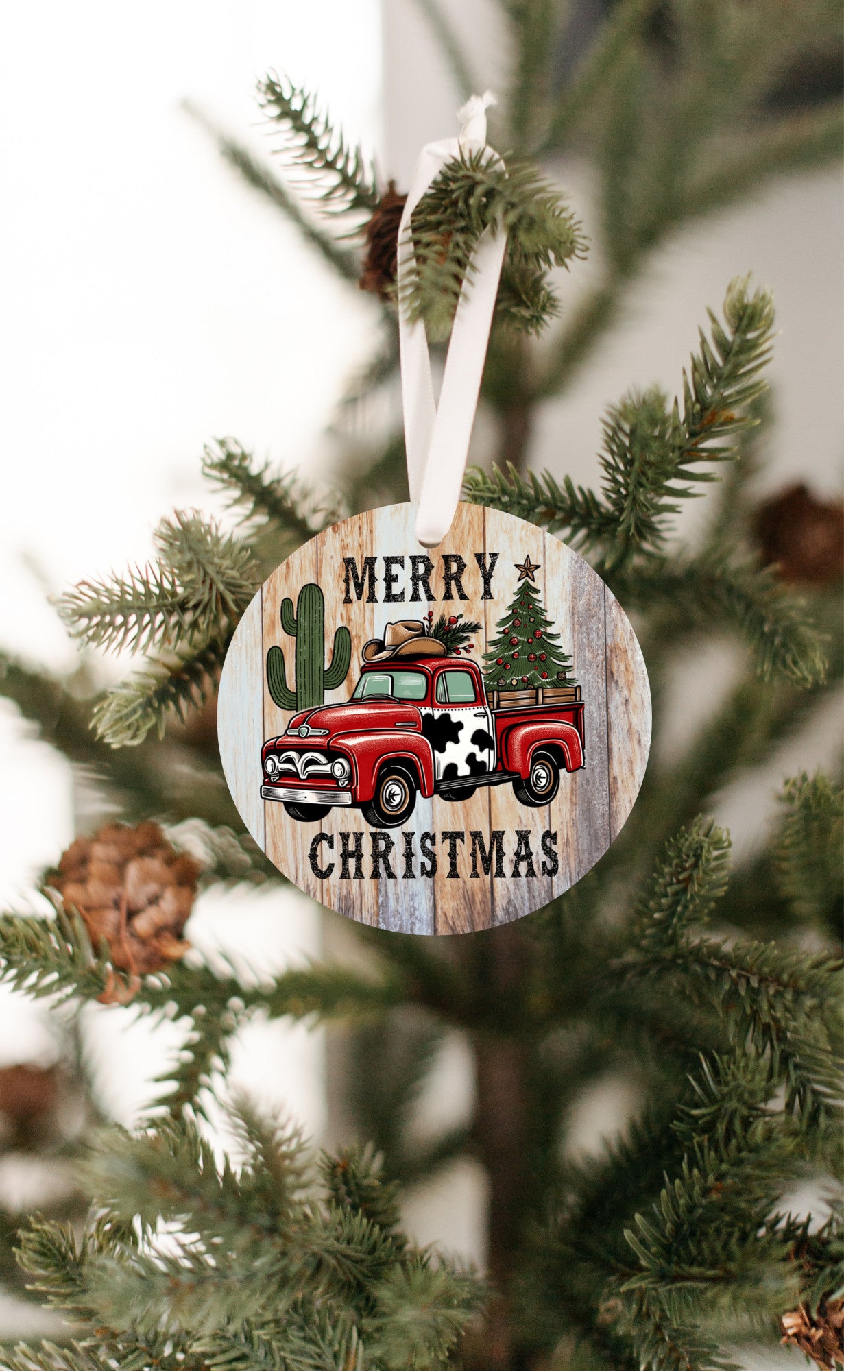 Christmas Ornament, Red Truck Merry Christmas gift, Cactus, Cowboy Hat, touch of cowhide,