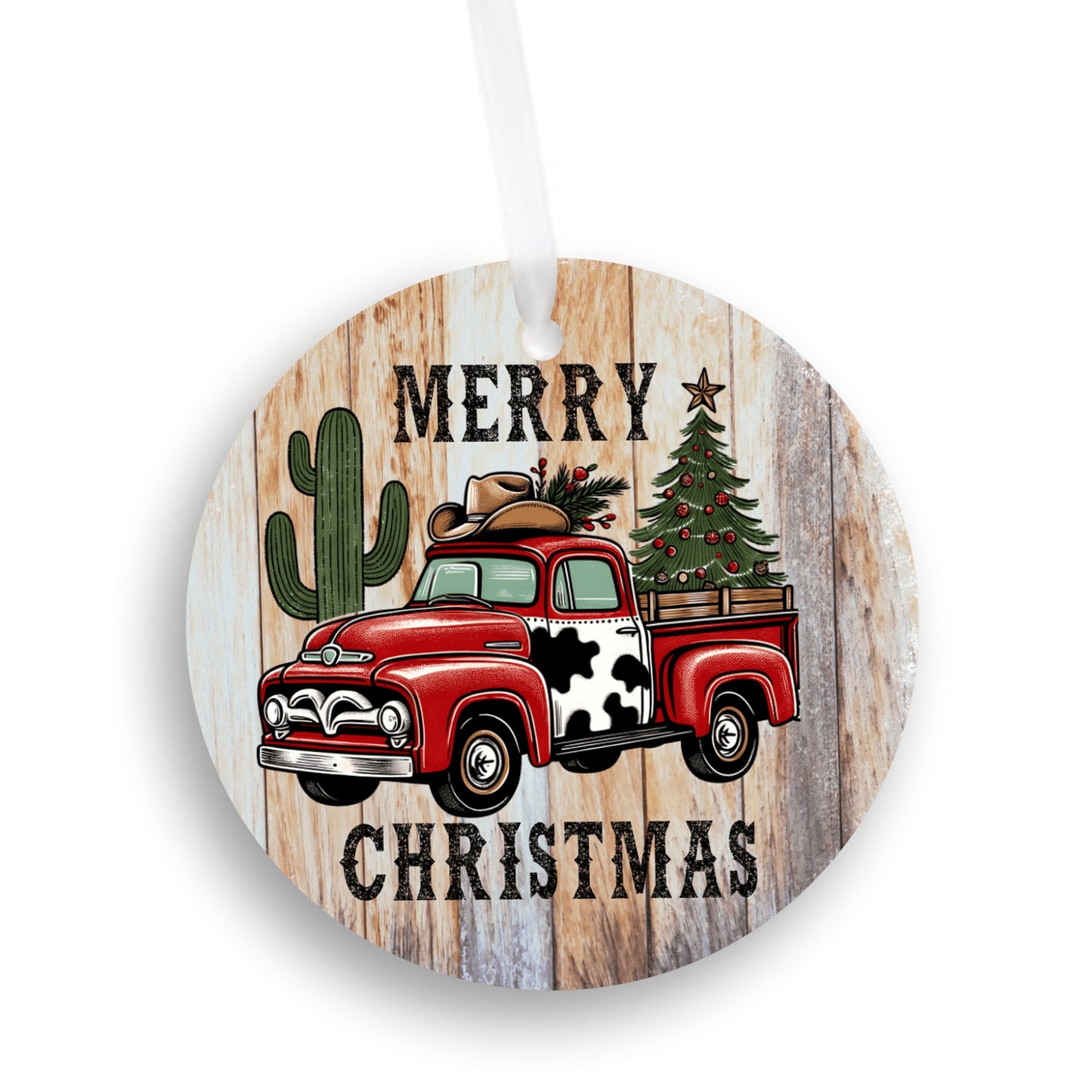 Christmas Ornament, Red Truck Merry Christmas gift, Cactus, Cowboy Hat, touch of cowhide,