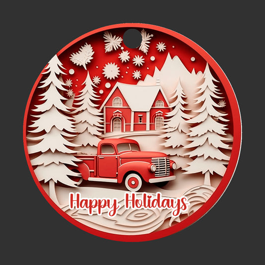 Red Truck 3D Christmas Ornament, Happy Holidays, Winter scene, Home Decor